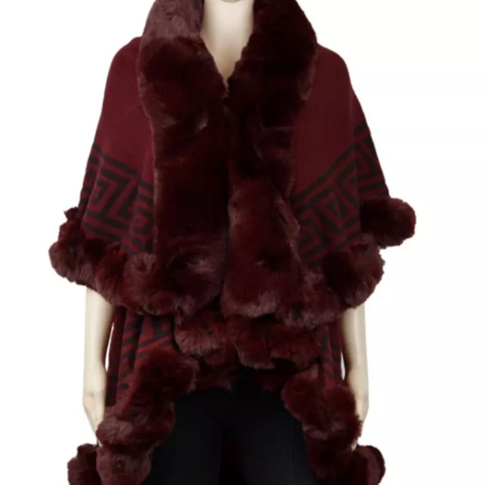 Faux Fox FurCape Women Poncho Shawl Red Gray Grey